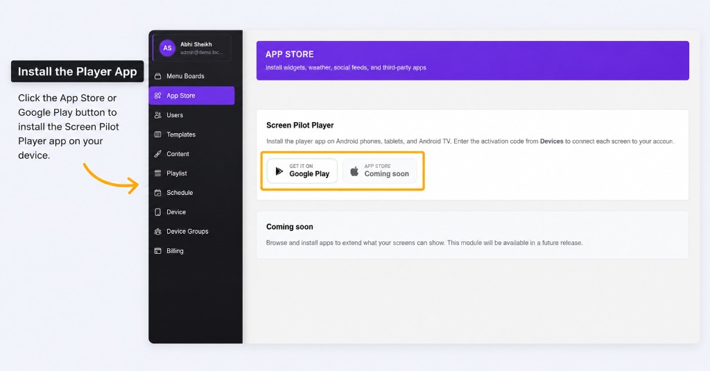 Install the ScreenPilot Player app from App Store