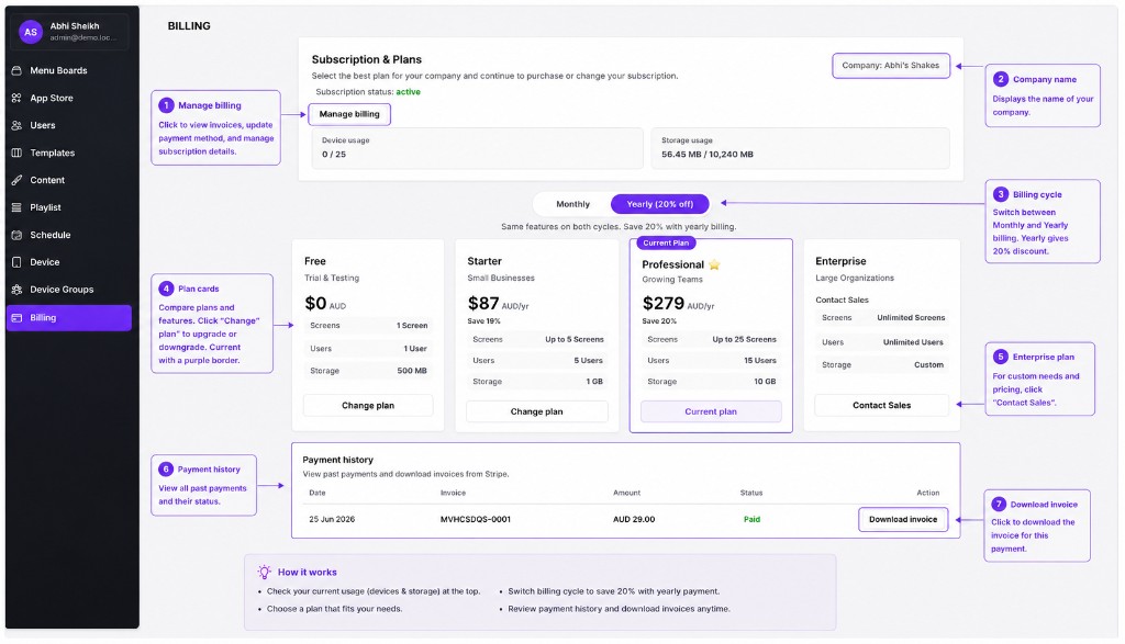 Manage billing, plans, and payment history