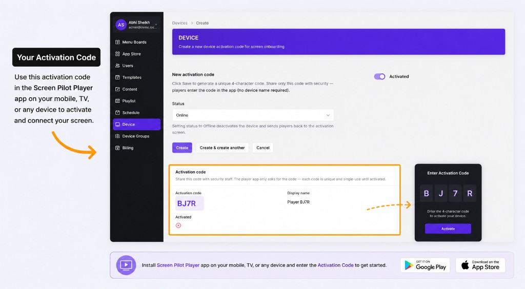 Use activation code in ScreenPilot Player app