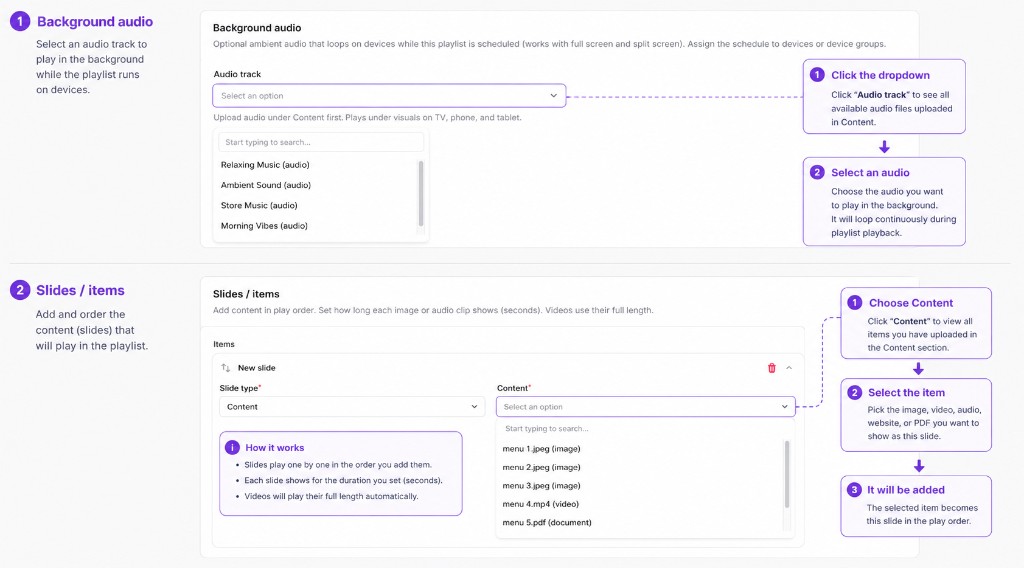 Add background audio and slides to a playlist