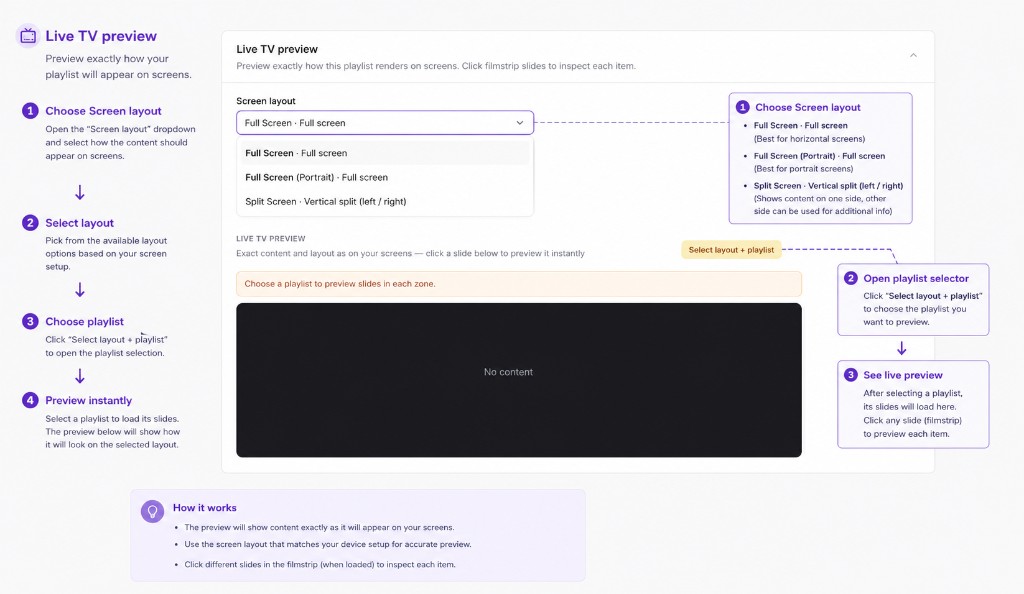 Preview playlist on screen layouts with Live TV preview