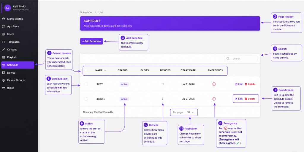 View and manage schedules list