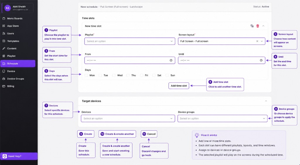 Add time slots and assign schedule to devices