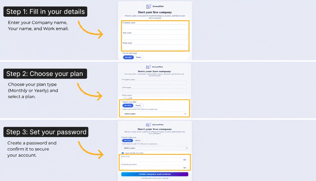 Signup steps: fill in details, choose plan, and set password