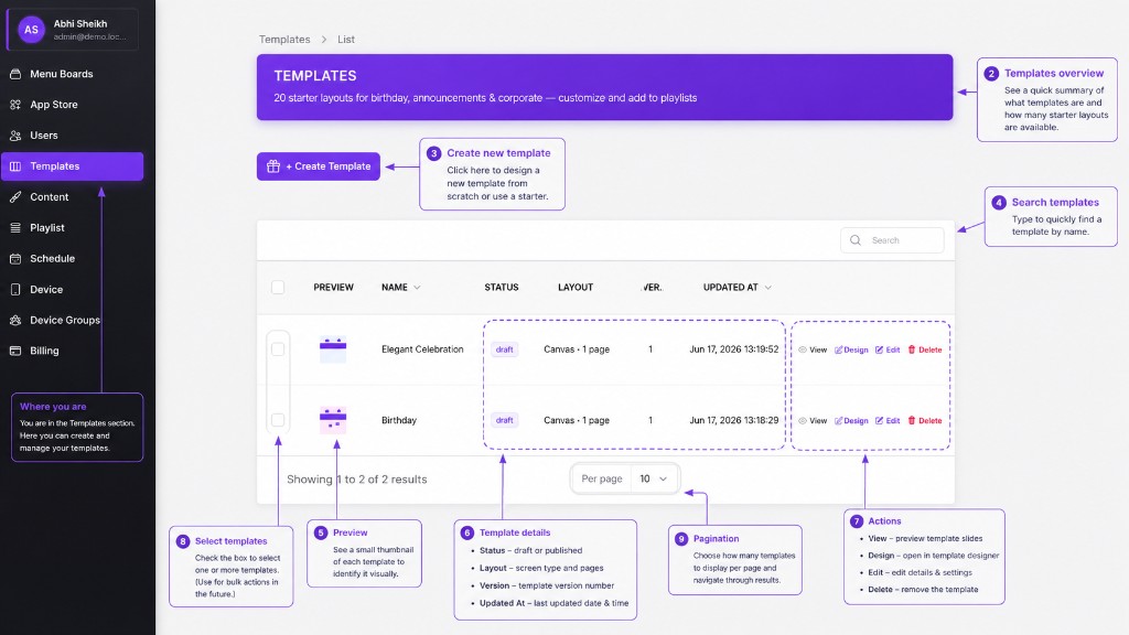 Manage and create templates in ScreenPilot