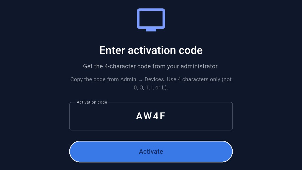 Enter activation code in ScreenPilot Player app